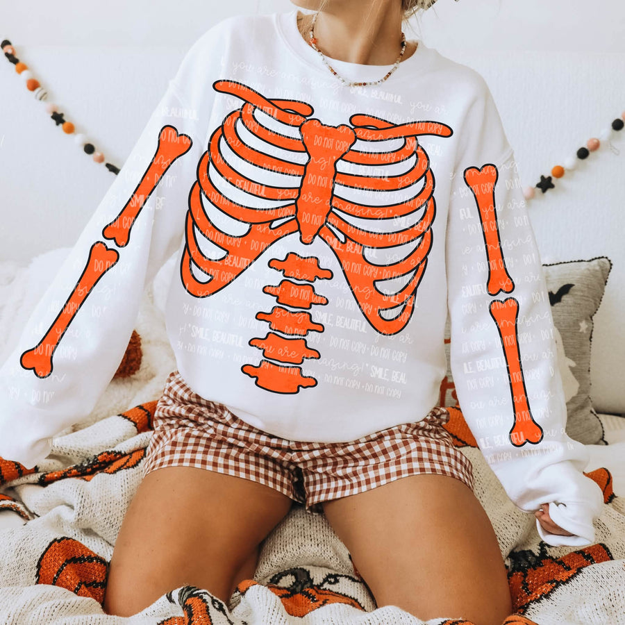 Halloween Skeleton Bones Sweatshirt | Colorful Rib Cage & Bone Sleeve Graphic Crewneck