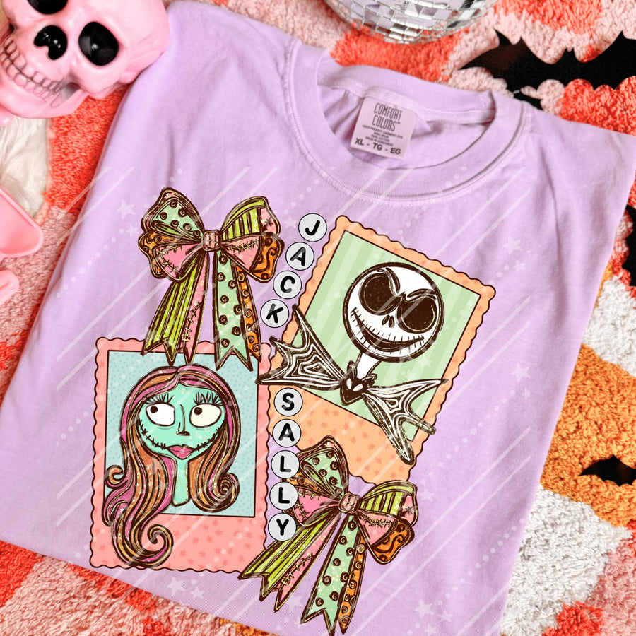 Spooky Couple Halloween Graphic Tee – Pastel Gothic Bow Comfort Colors Shirt