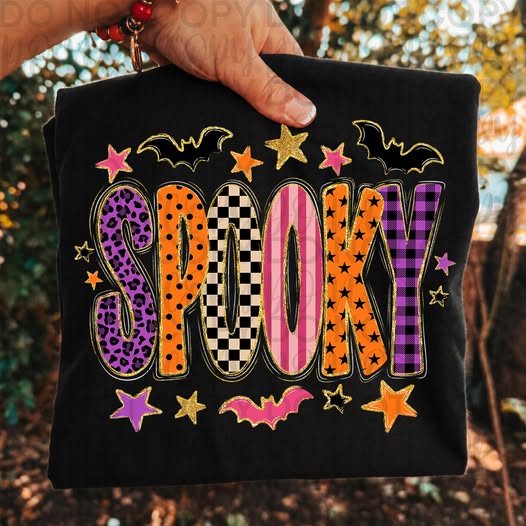 Spooky Halloween Graphic Sweatshirt | Colorful Retro Halloween Crewneck | Cute Bat & Star Design