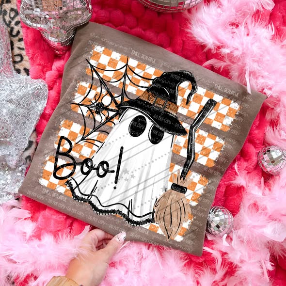 Boo Ghost Halloween Graphic Tee – Retro Checkered Witch Hat Shirt