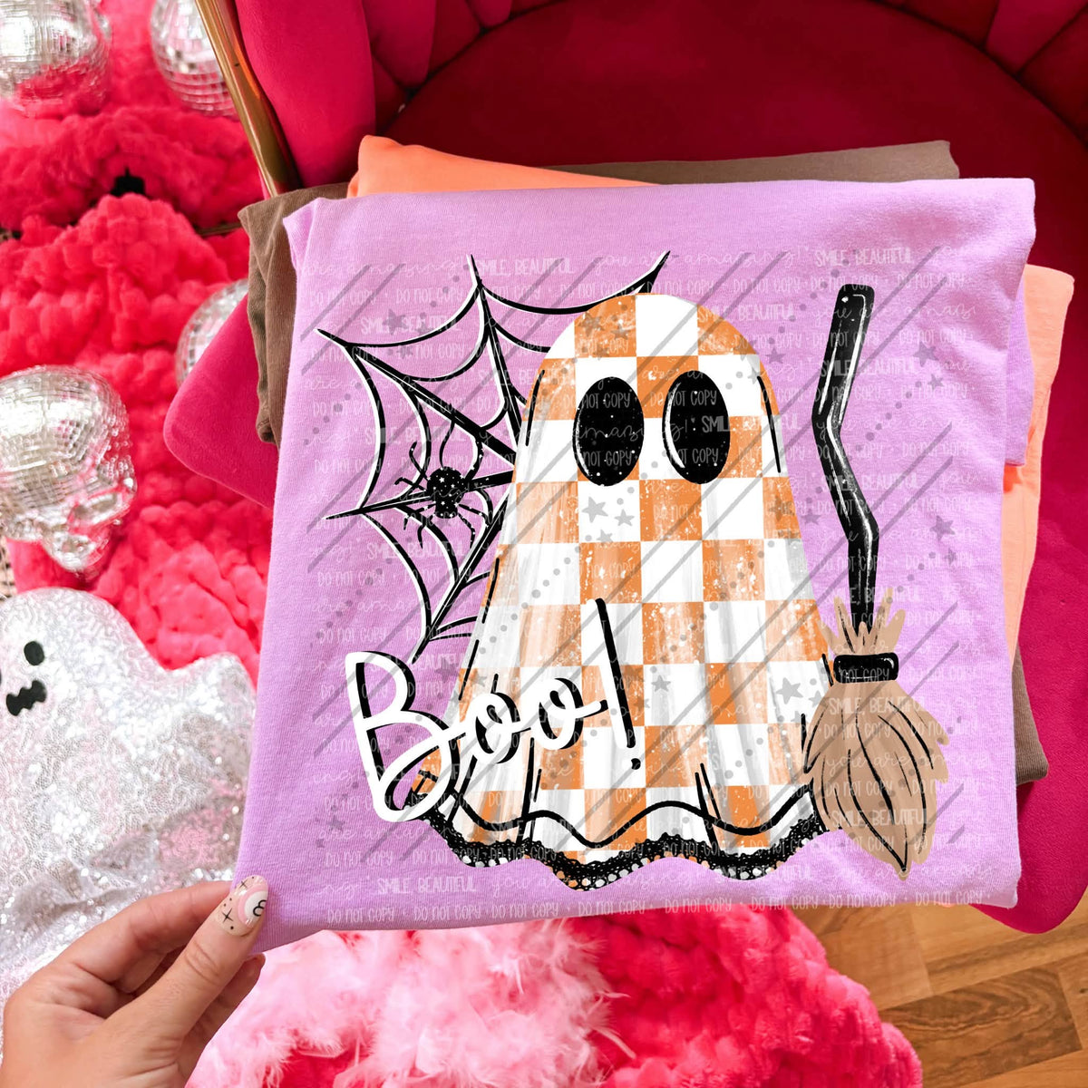 Boo Ghost Halloween Graphic Tee – Orange Checkered Ghost Shirt