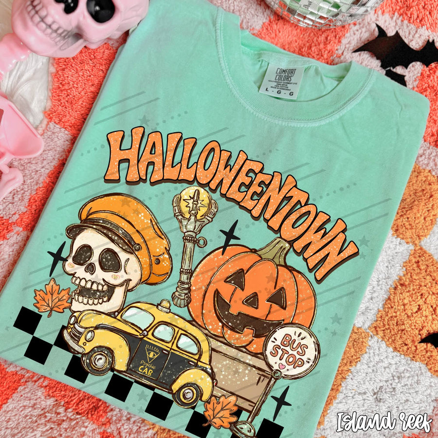 Halloween Town Graphic Tee – Retro Skeleton Pumpkin Taxi Comfort Colors Shirt
