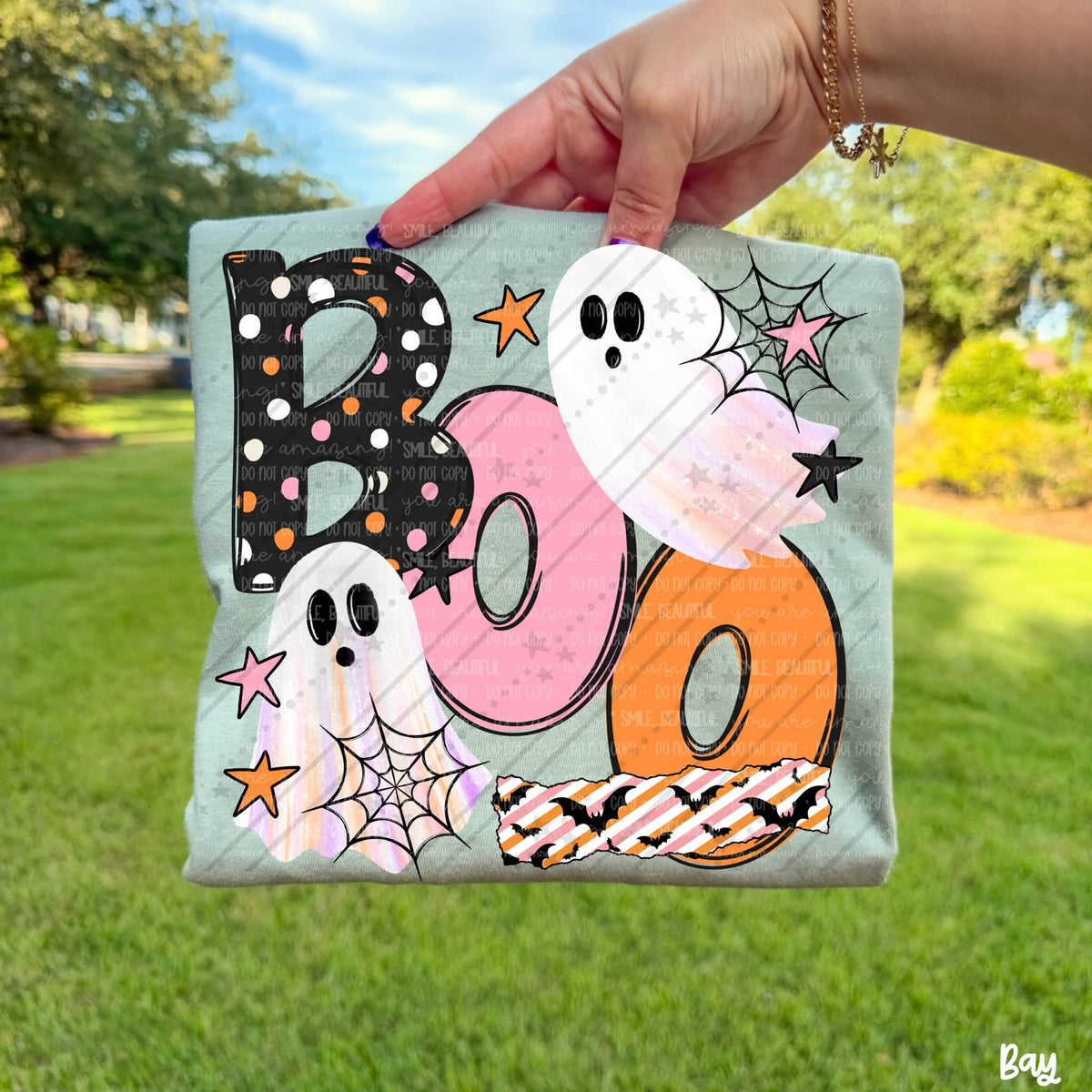 Boo Halloween Ghost Graphic Tee – Retro Pink Orange Spooky Shirt