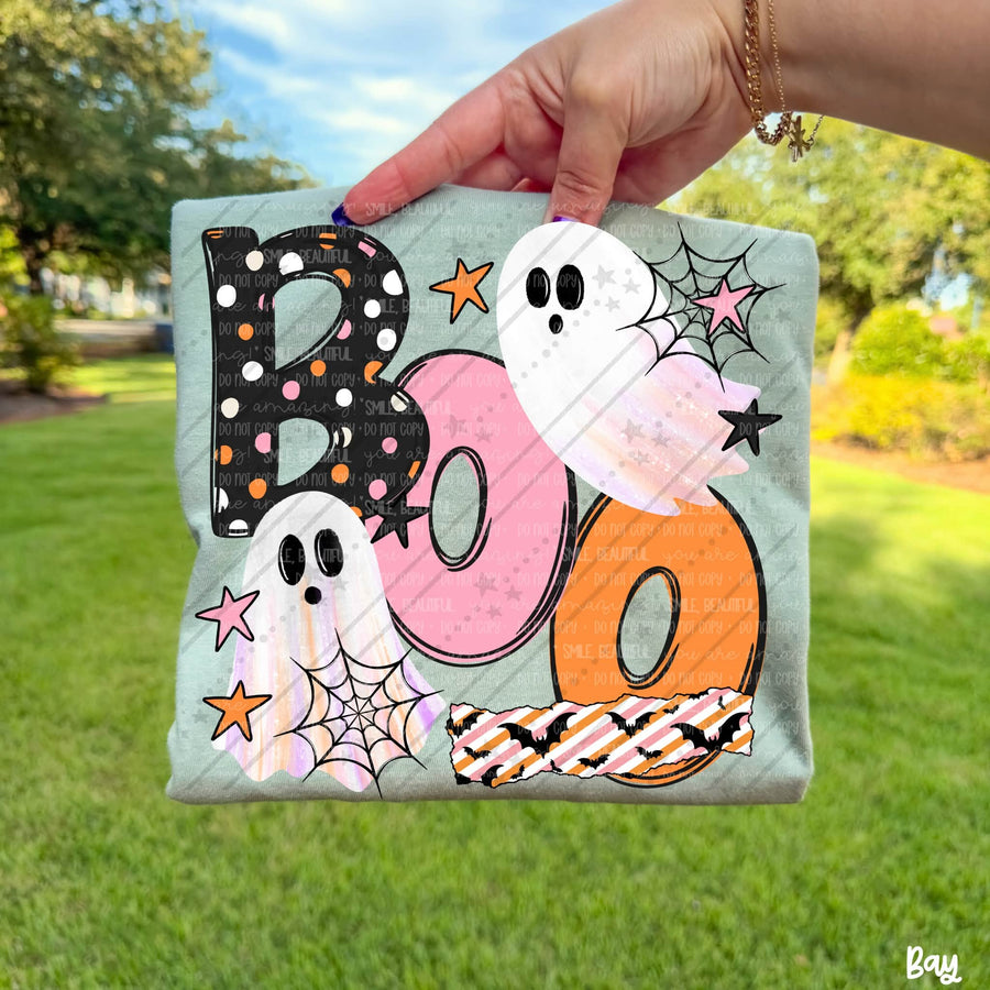 Boo Halloween Ghost Graphic Tee – Retro Pink Orange Spooky Shirt