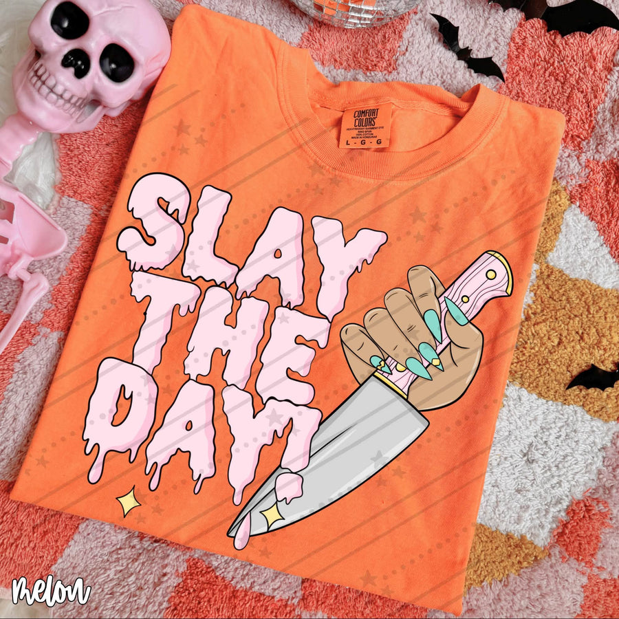 Slay the Day Halloween Graphic Tee | Pink Girly Spooky Season Shirt | Comfort Colors Melon