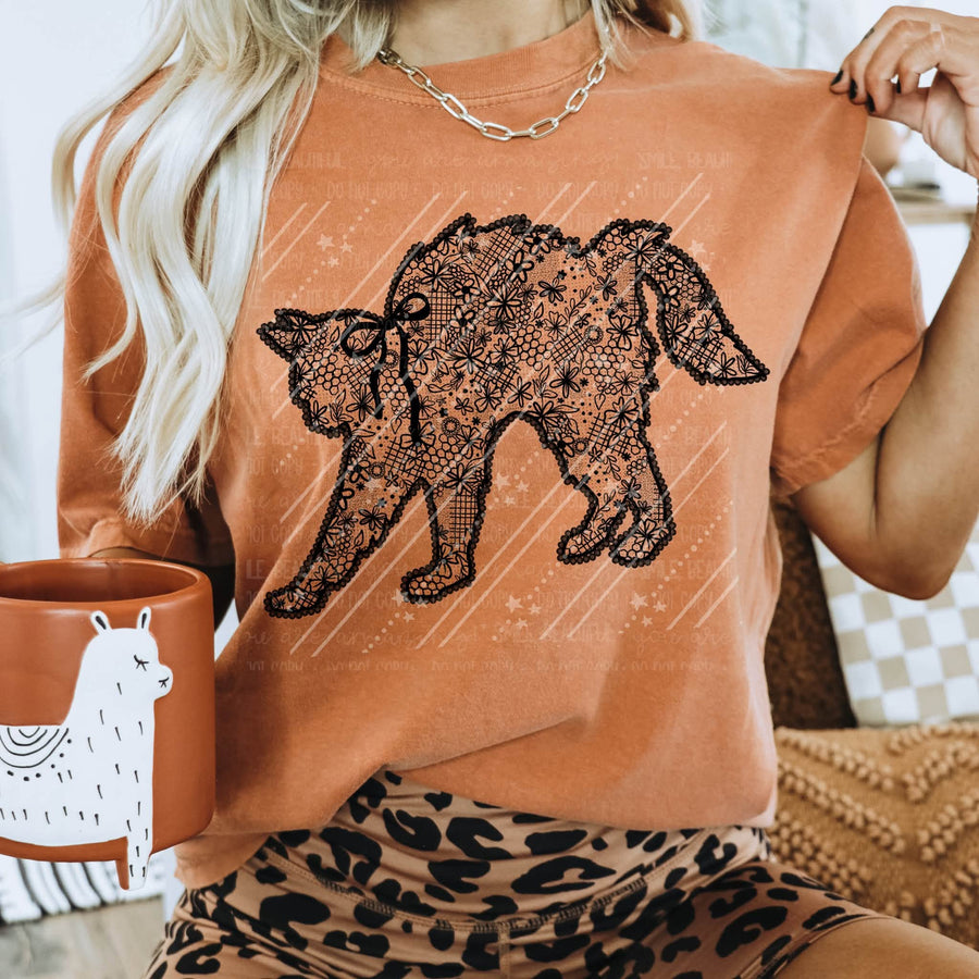 Floral Black Cat Graphic Tee – Vintage Lace Cat Comfort Colors Halloween Shirt