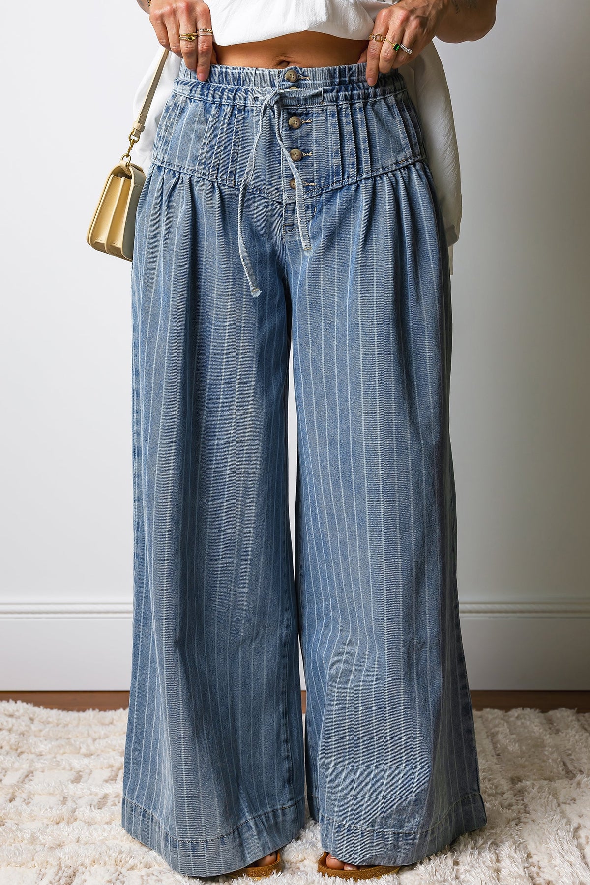 Sky Blue Stripe Button Pleated Drawstring Waist Casual Wide Leg Jeans - Pretty Petty Co