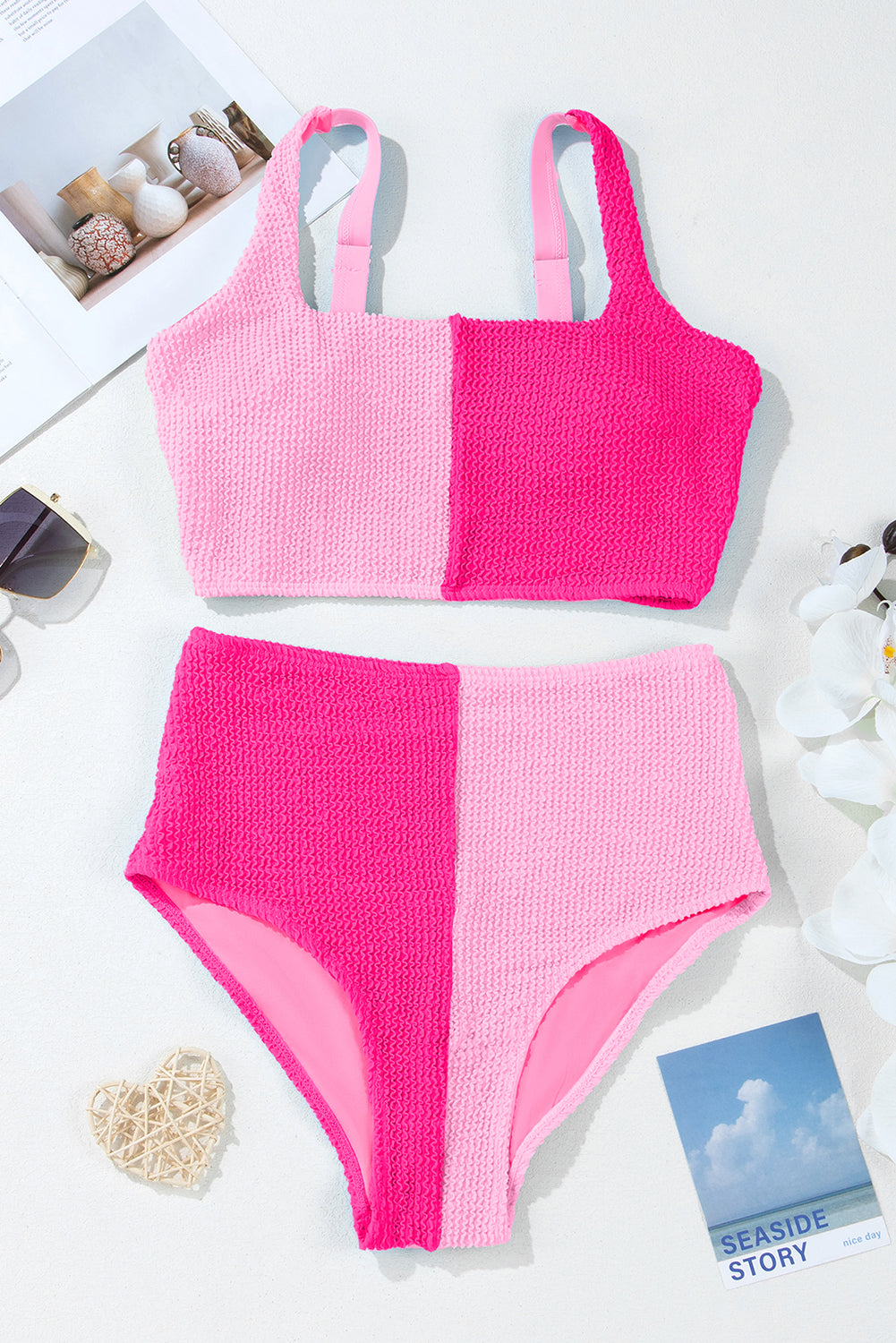 Pink Corded Colorblock Square Neck Bikini Swimsuit - Pretty Petty Co