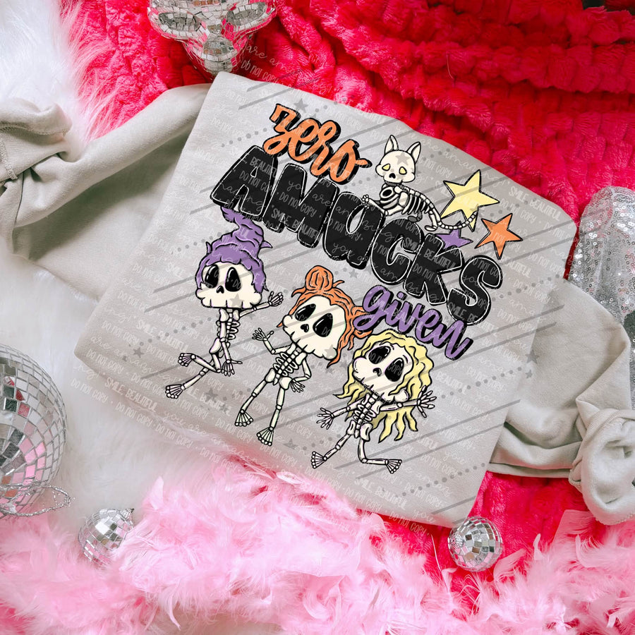 Zero Amucks Given Halloween Graphic Sweatshirt – Witchy Skeleton Crewneck