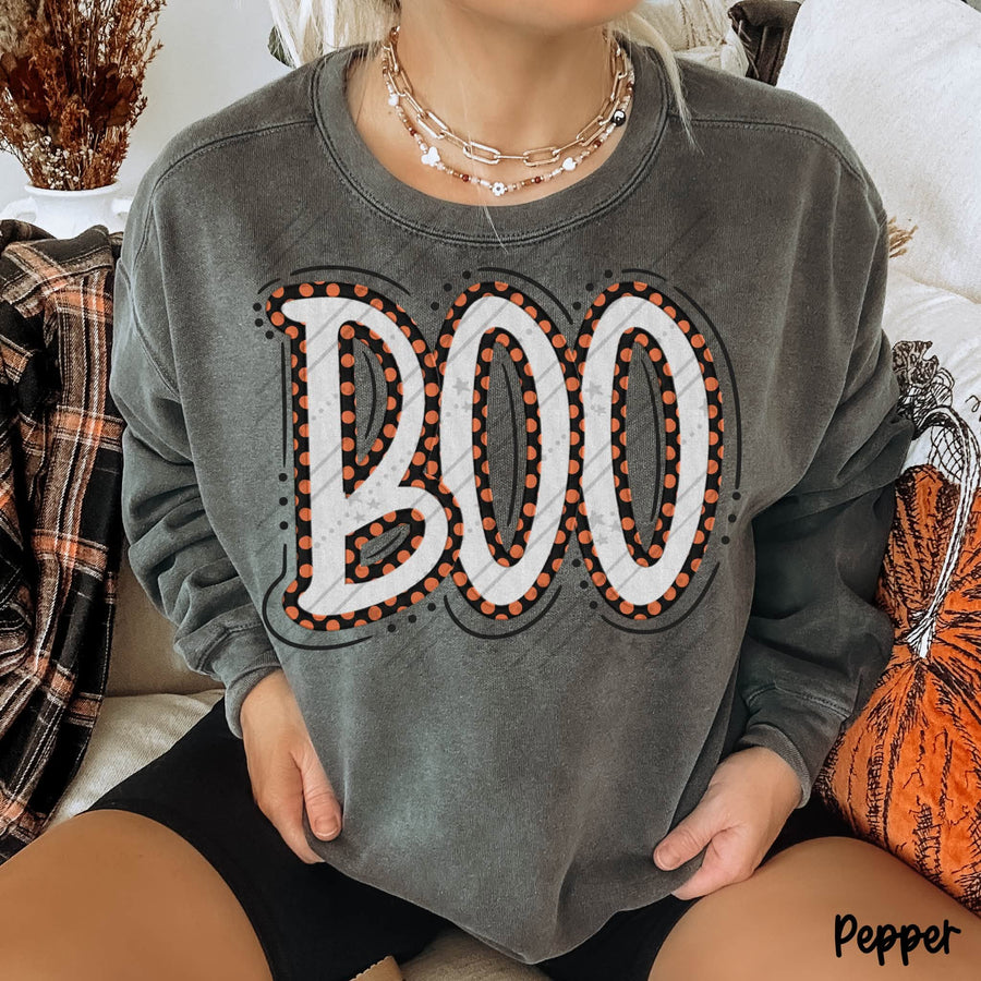 BOO Halloween Graphic Sweatshirt | Retro Orange Polka Dot Spooky Season Crewneck
