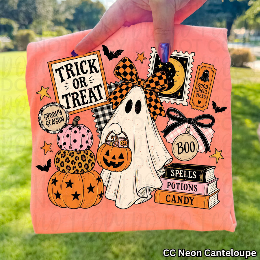 Trick or Treat Ghost Graphic Tee | Retro Halloween Collage Shirt | Cute Spooky Season Comfort Colors T-Shirt
