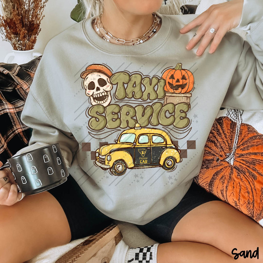 Take Service Halloween Sweatshirt – Retro Skeleton Taxi Fall Graphic Crewneck