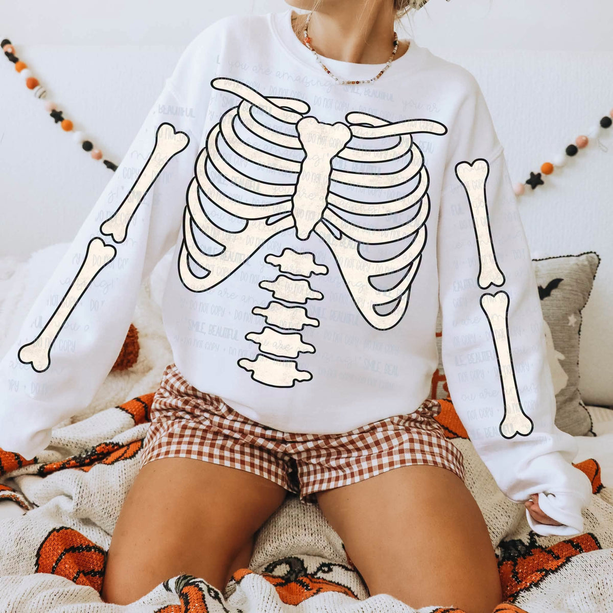Halloween Skeleton Bones Sweatshirt | Colorful Rib Cage & Bone Sleeve Graphic Crewneck