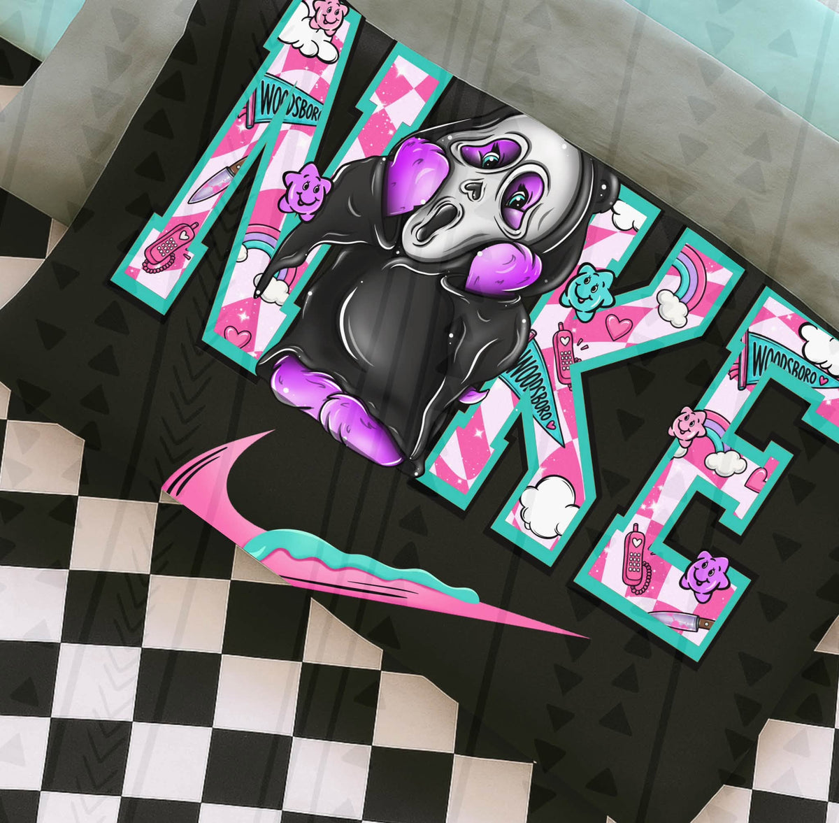 Retro Horror Movie Teddy Bear Graphic Tee | Cute Spooky Halloween Shirt | Pink & Teal Halloween T-Shirt