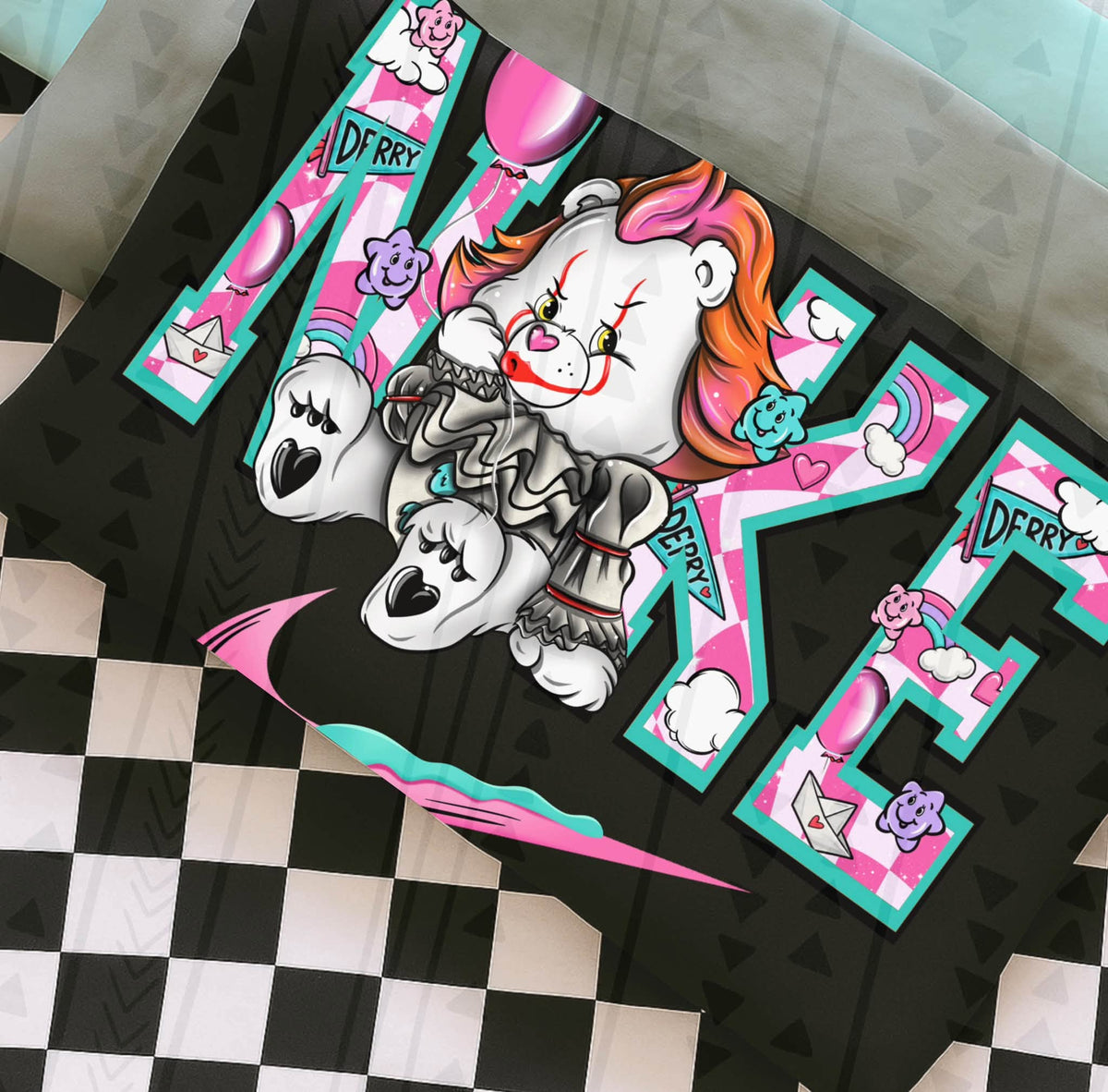 Retro Horror Movie Teddy Bear Graphic Tee | Cute Spooky Halloween Shirt | Pink & Teal Halloween T-Shirt