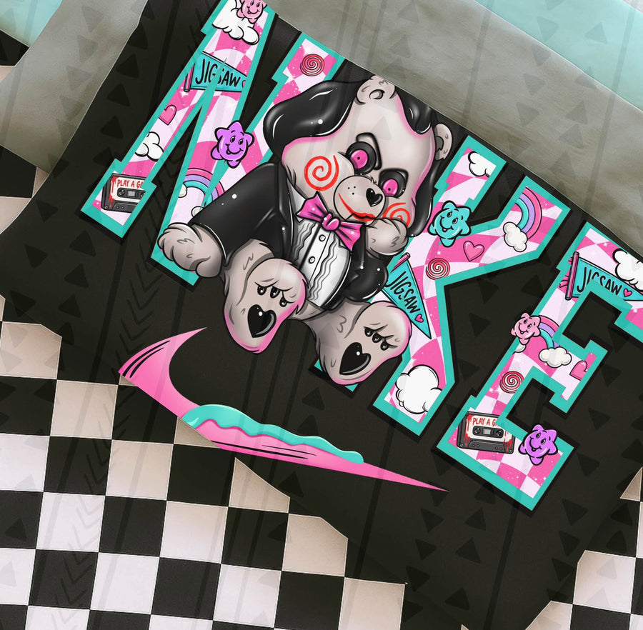 Retro Horror Movie Teddy Bear Graphic Tee | Cute Spooky Halloween Shirt | Pink & Teal Halloween T-Shirt