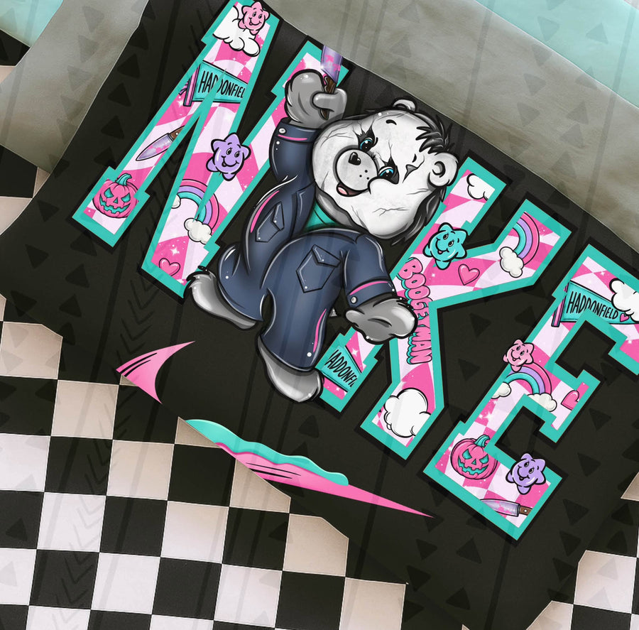 Retro Horror Movie Teddy Bear Graphic Tee | Cute Spooky Halloween Shirt | Pink & Teal Halloween T-Shirt