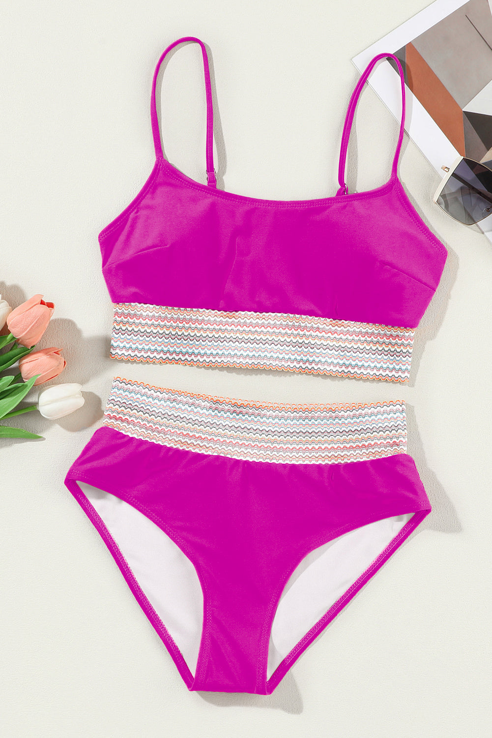 Rose Striped Patchwork Spaghetti Strap High Waist Bikini Set - Pretty Petty Co