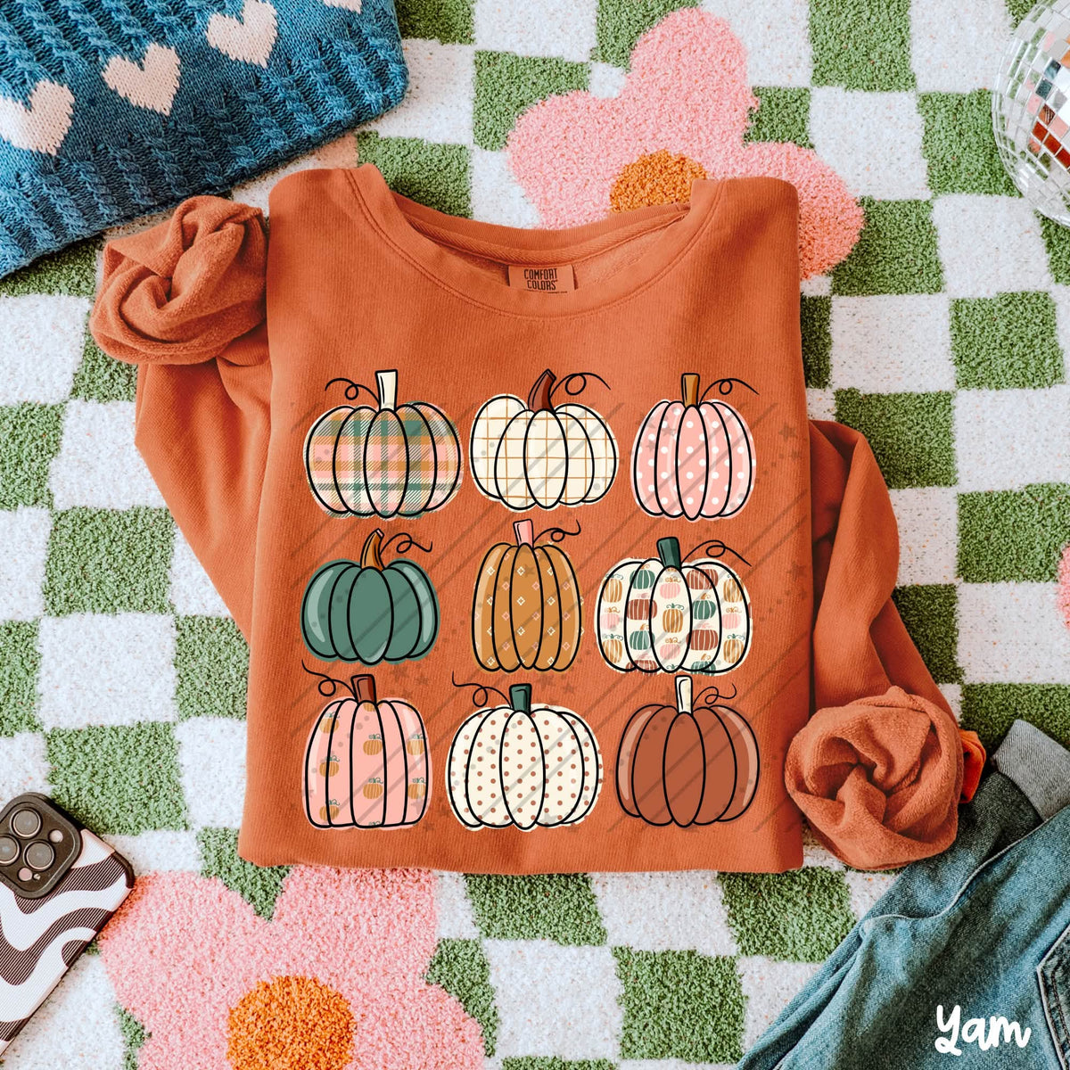 Patchwork Pumpkin Graphic Tee | Retro Fall Pumpkin Shirt | Plaid & Polka Dot Design | Comfort Colors Yam T-Shirt