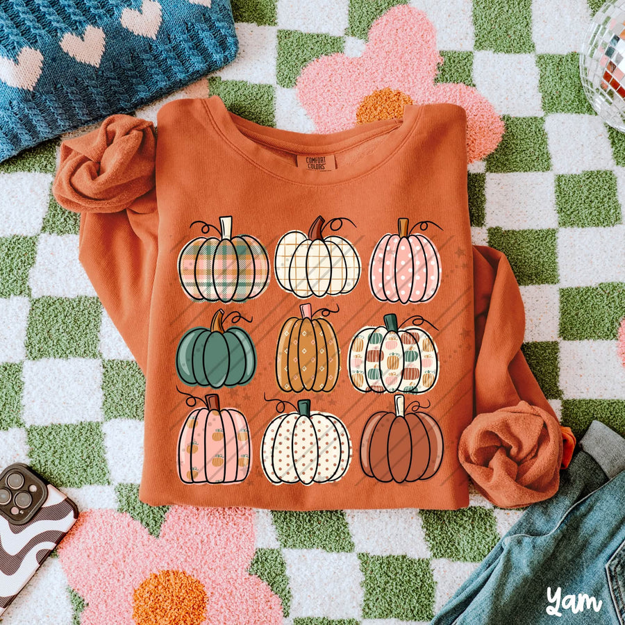 Patchwork Pumpkin Graphic Tee | Retro Fall Pumpkin Shirt | Plaid & Polka Dot Design | Comfort Colors Yam T-Shirt