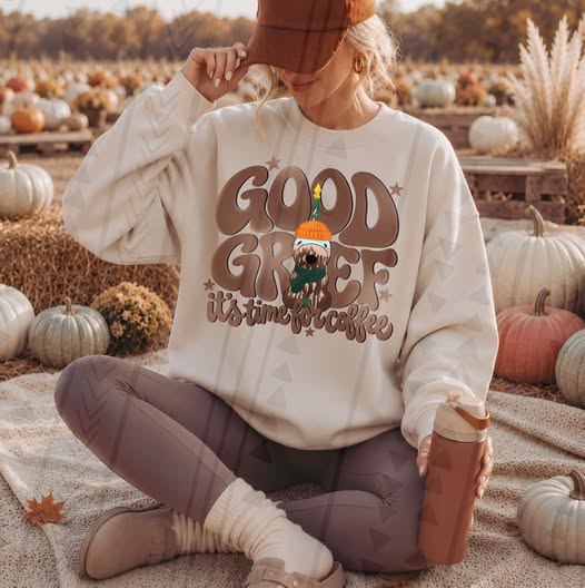 Good Grief It's Time for Coffee Fall Sweatshirt | Cute Retro Coffee Lover Graphic Crewneck
