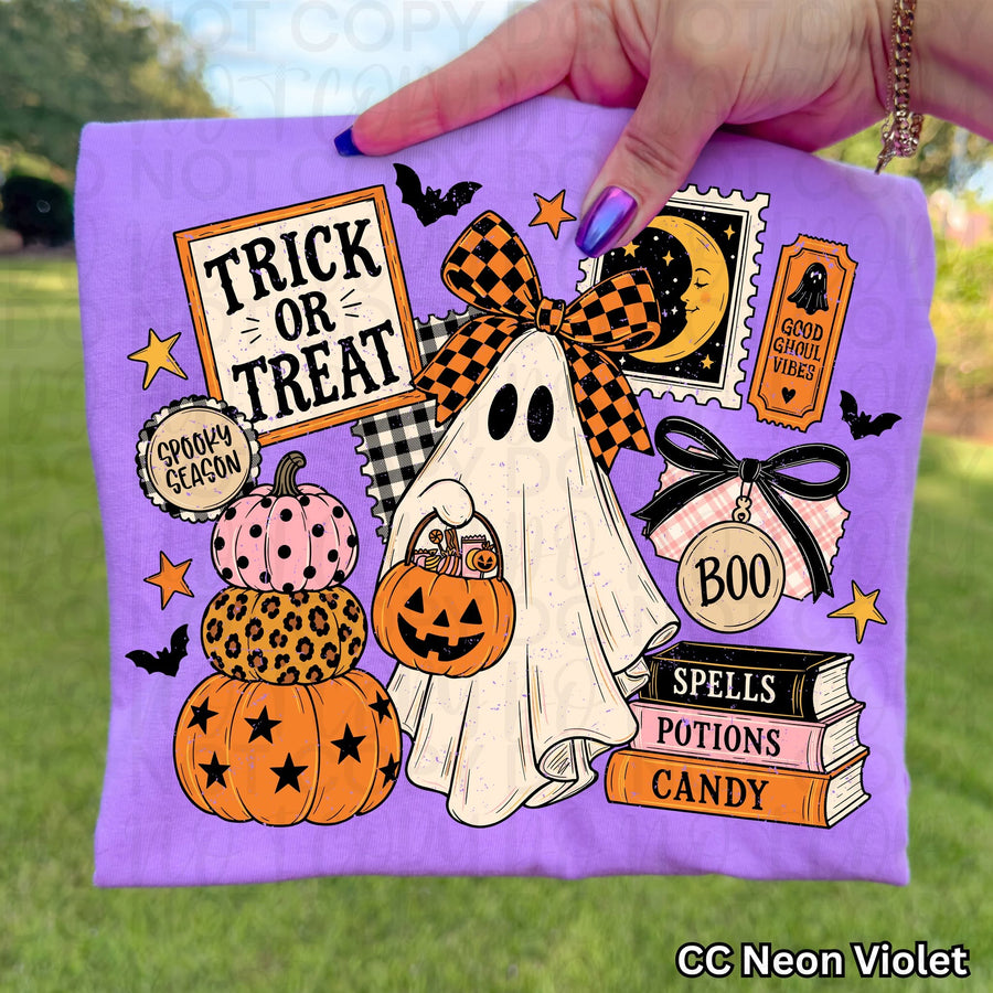 Trick or Treat Ghost Graphic Tee | Retro Halloween Collage Shirt | Cute Spooky Season Comfort Colors T-Shirt