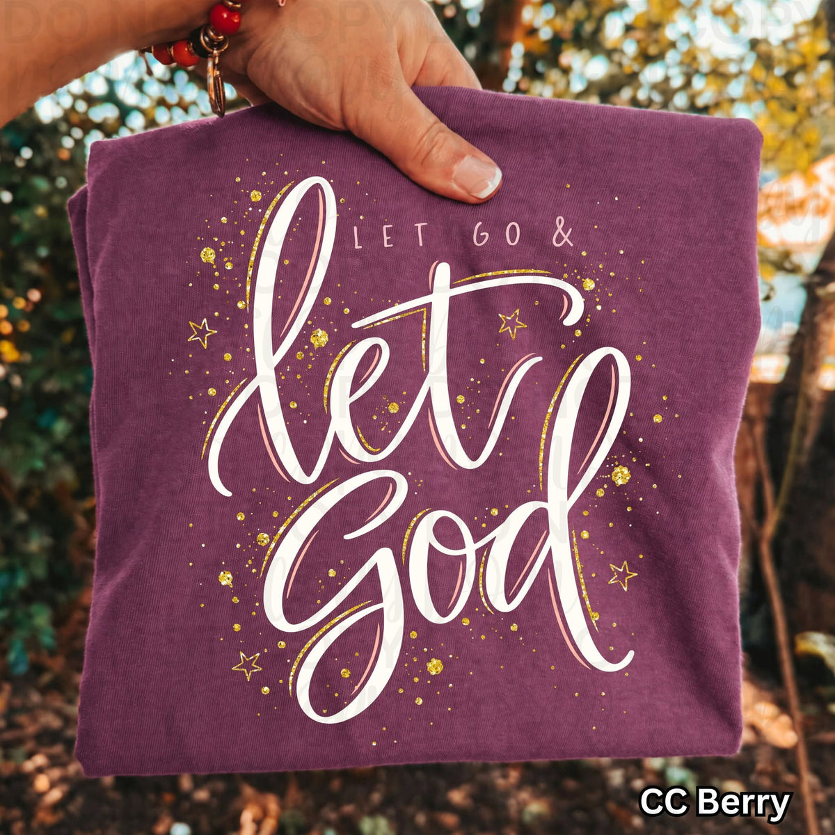 Let Go & Let God Christian Faith T-Shirt | Inspirational Religious Graphic Tee | Gold Glitter Star Design | Comfort Colors