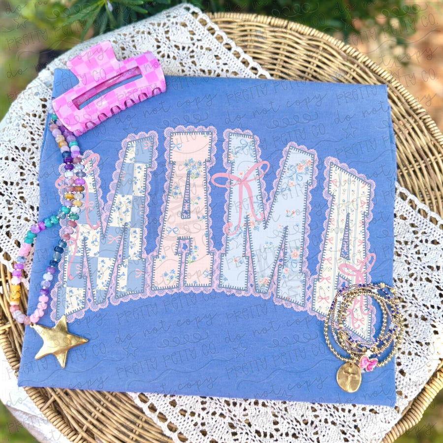 MAMA Patchwork Graphic Tee | Coquette Floral Mama Shirt | Pink Bow & Blue Vintage Quilt Design | Trendy Mother's Day Gift
