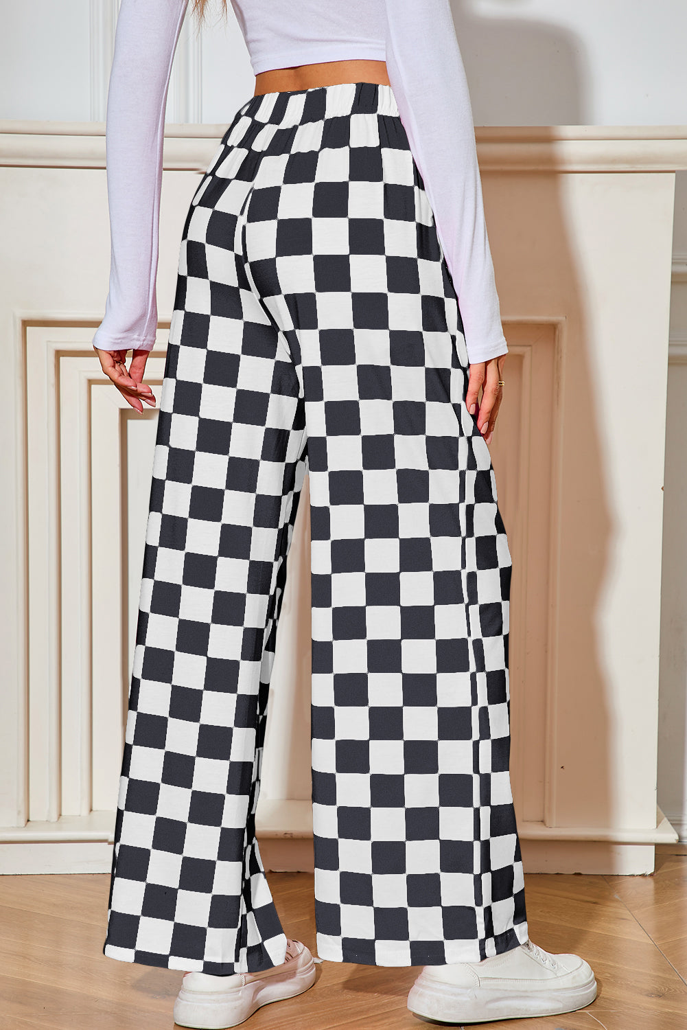 Green Checkered Print High Waist Wide Leg Pants - Pretty Petty Co