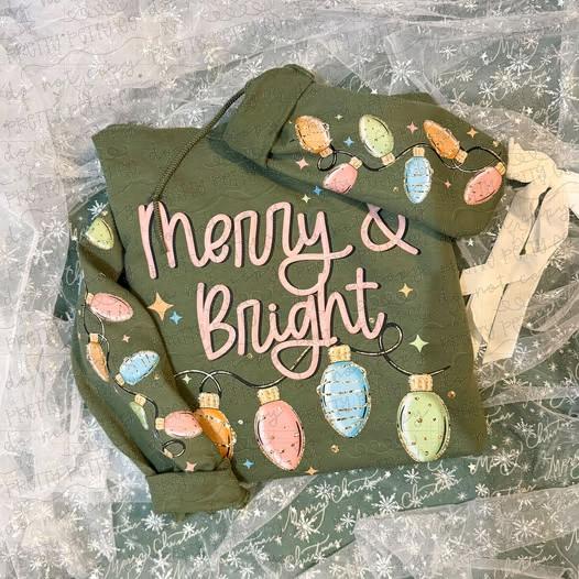 Merry & Bright Christmas Lights Sweatshirt | Pastel Holiday Graphic Crewneck