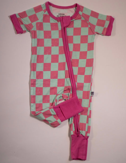 Bubblegum Checks Bamboo Short Sleeve Sleeper (FINAL SALE)