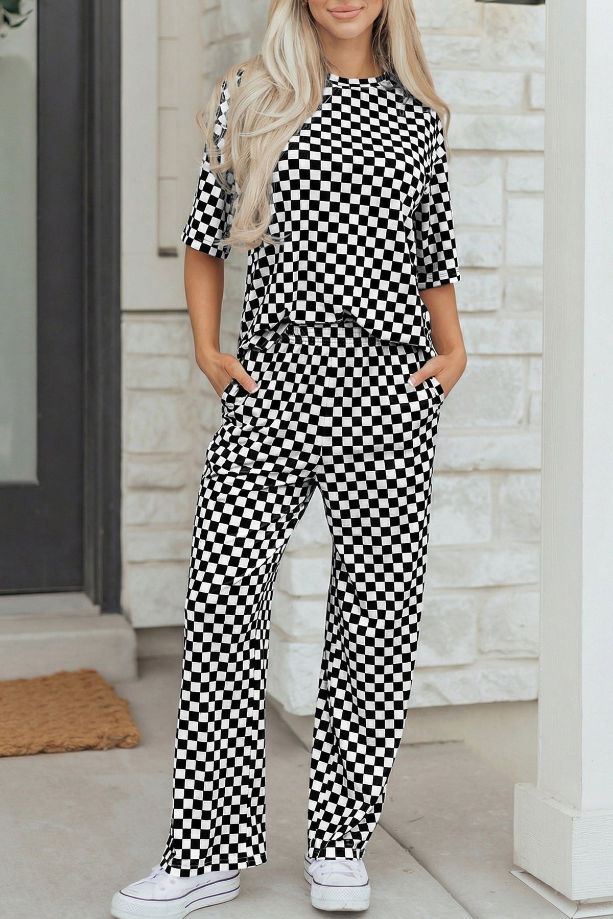Rose Checkered Print Half Sleeve Tee 2pcs Lounge Pant Set - Pretty Petty Co