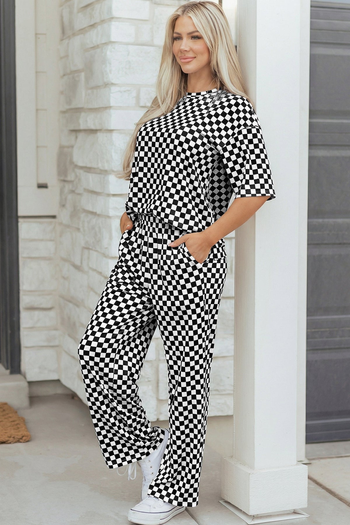 Rose Checkered Print Half Sleeve Tee 2pcs Lounge Pant Set - Pretty Petty Co