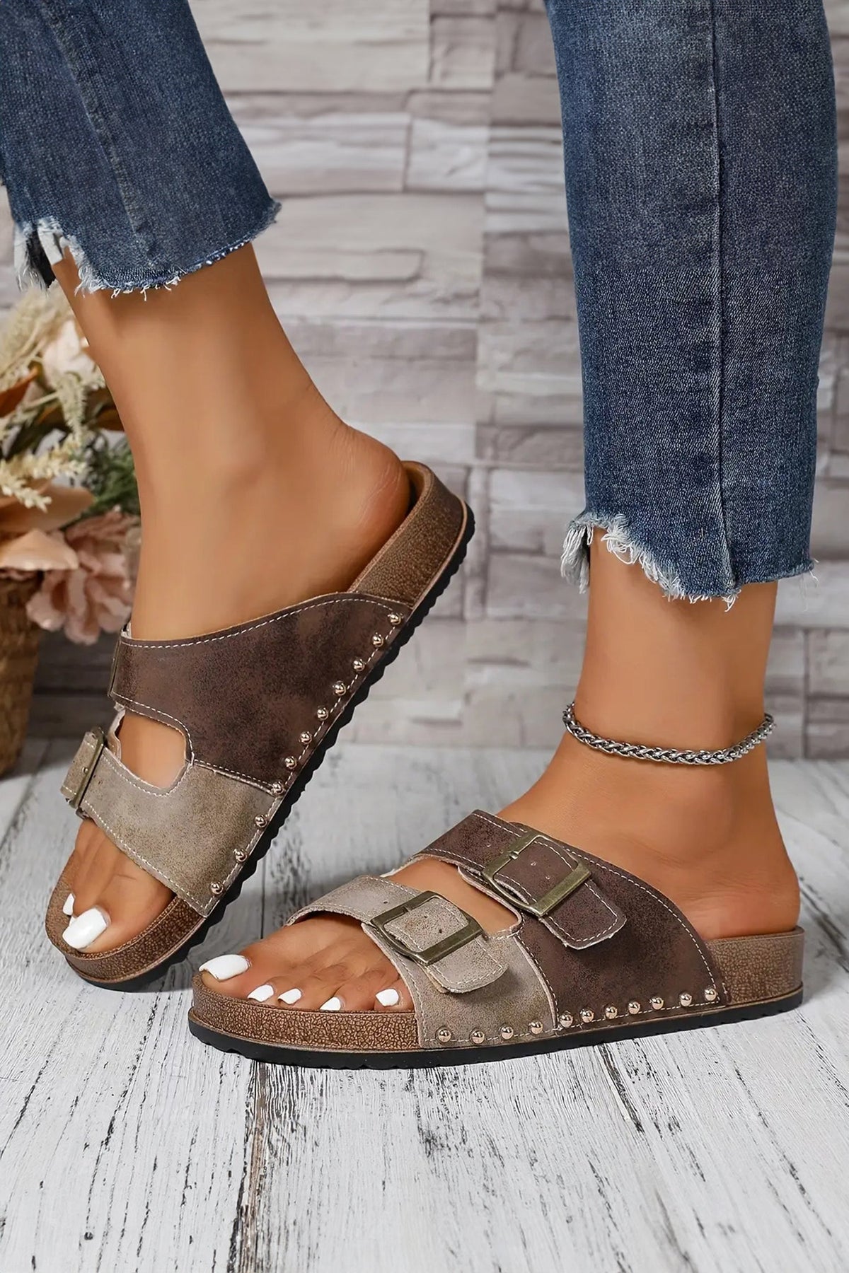 Coffee Two-tone Retro Buckle Straps Hollowed Faux Suede Slippers - Pretty Petty Co