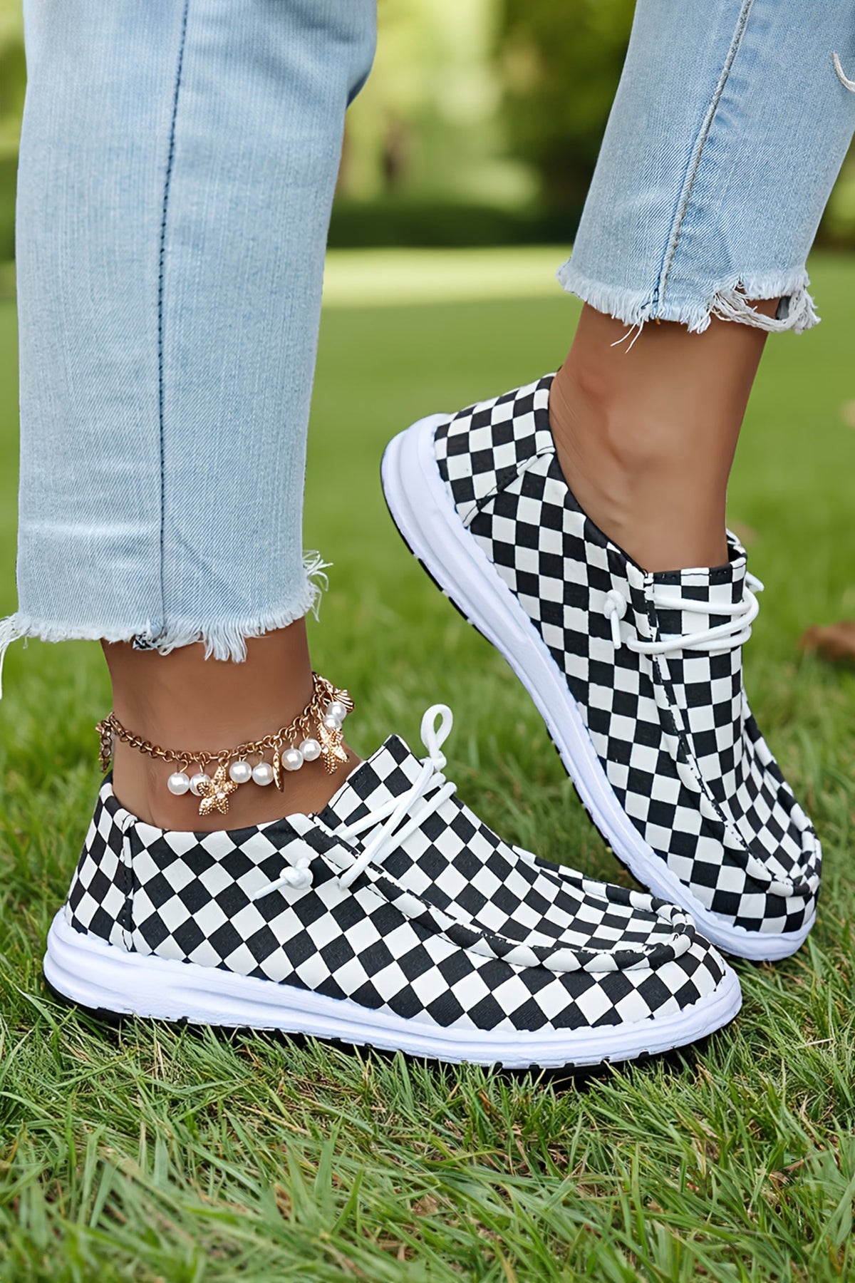 Color black Checkered Print Lace-up Detail Flat Shoes - Pretty Petty Co
