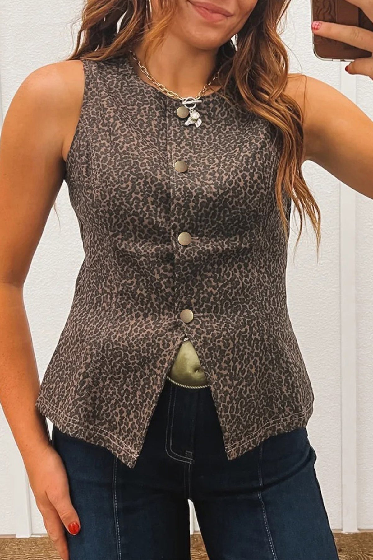 Brown Leopard Print Slim Denim Vest - Pretty Petty Co