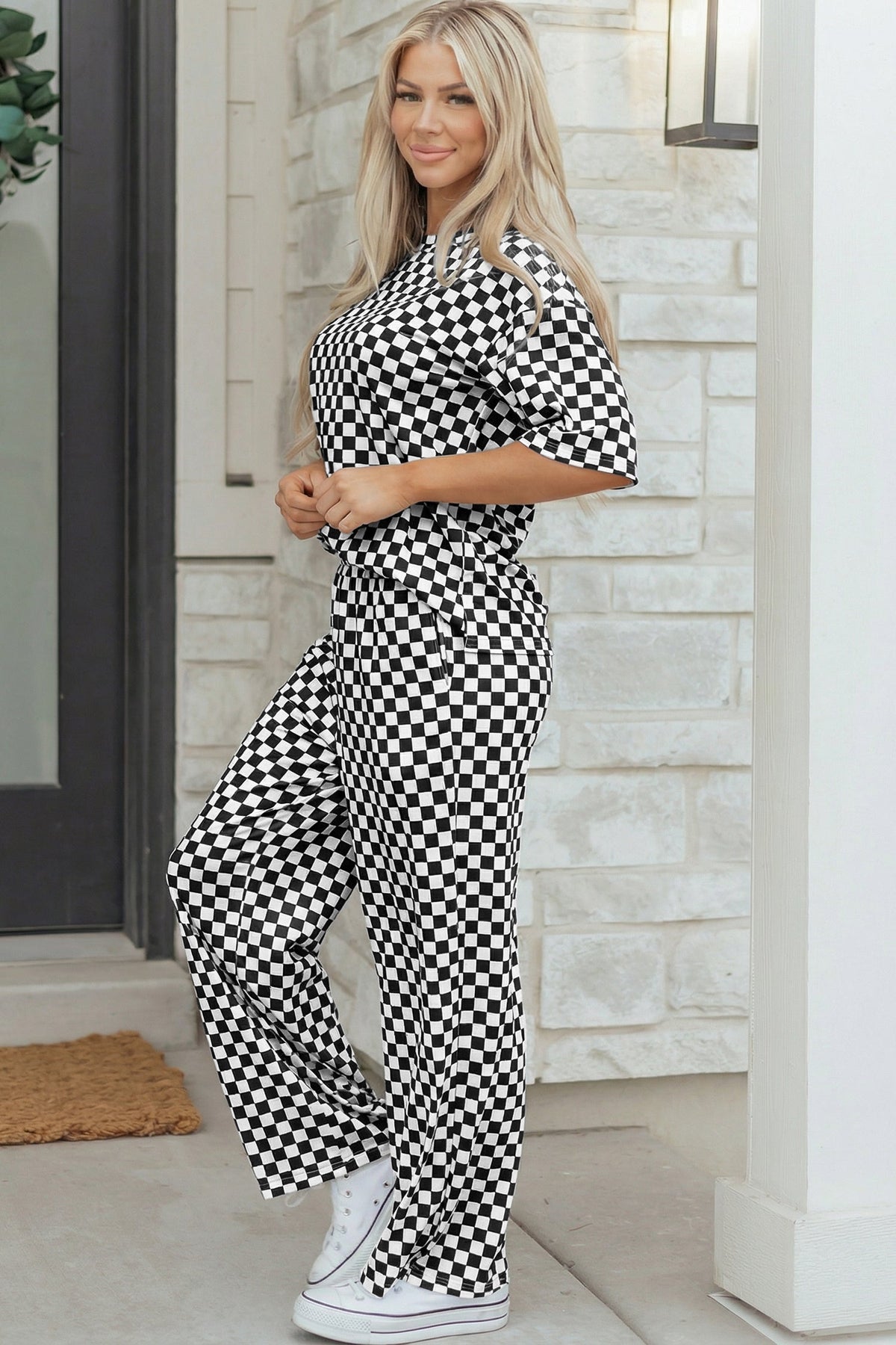 Rose Checkered Print Half Sleeve Tee 2pcs Lounge Pant Set - Pretty Petty Co