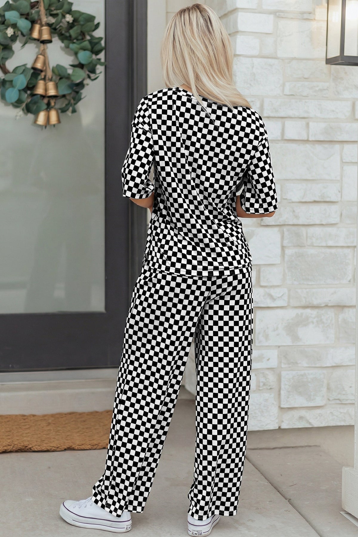 Rose Checkered Print Half Sleeve Tee 2pcs Lounge Pant Set - Pretty Petty Co