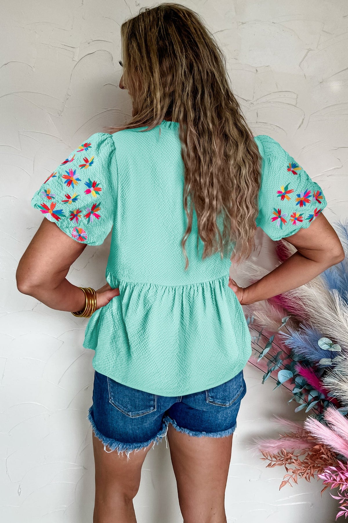 Sachet Pink Frilled V Neck Flower Embroidered Puff Sleeve Textured Blouse - Pretty Petty Co