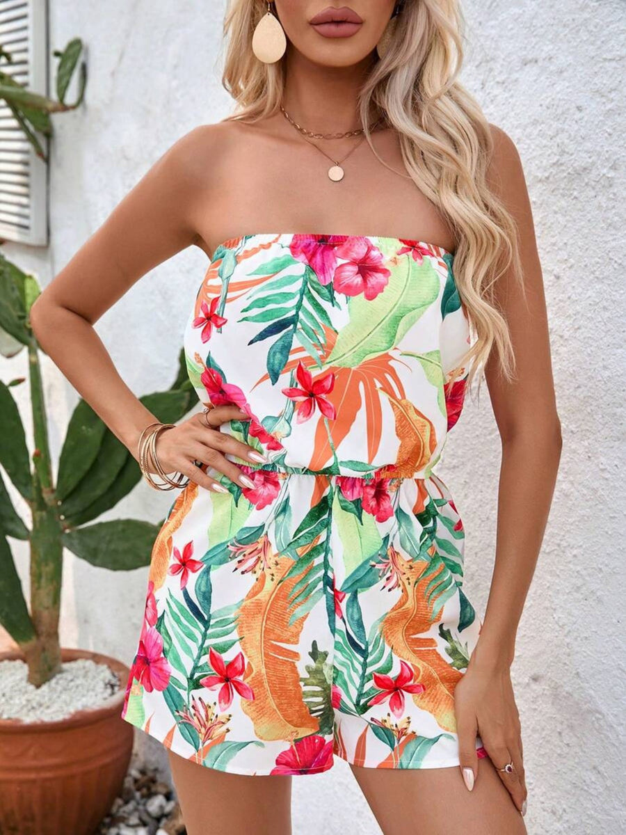 Tropical Print Strapless Elastic Waist Romper - Pretty Petty Co