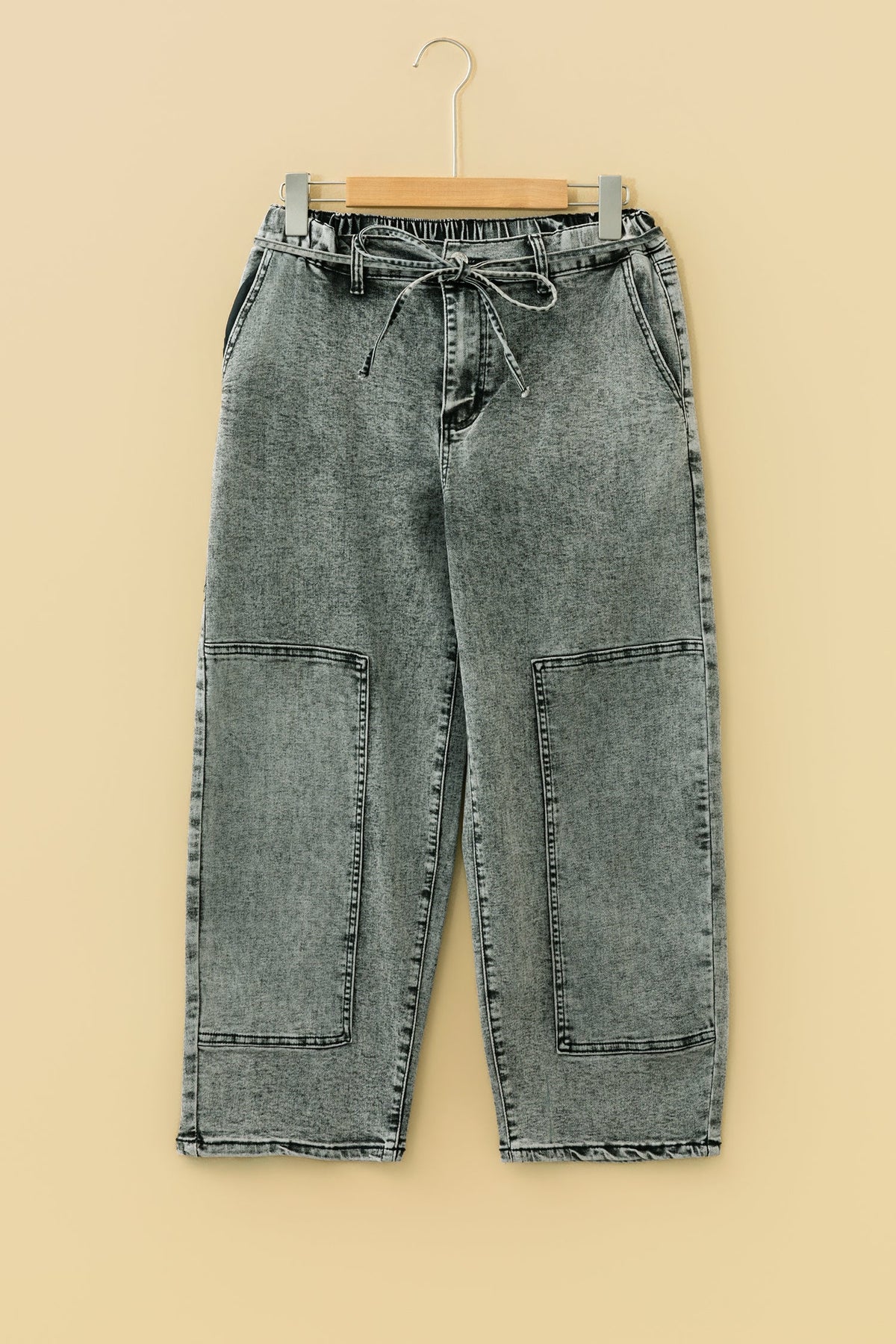 Smoke Gray Acid Wash Barrel Fit Denim Pants with Waist String - Pretty Petty Co