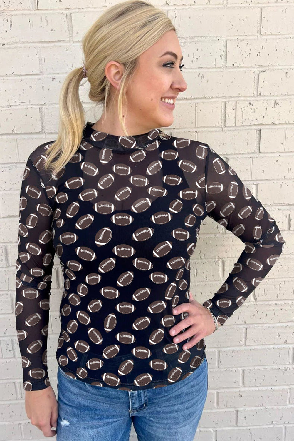 Brown Game Day Football Mesh Sheer Long Sleeve Top - Pretty Petty Co