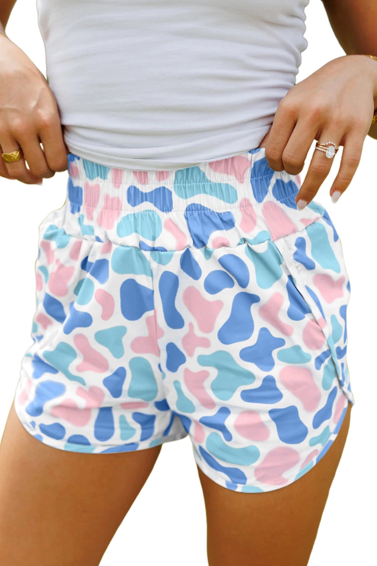 Sky Blue Camouflage Print Shirred High Waist Athleisure Shorts - Pretty Petty Co