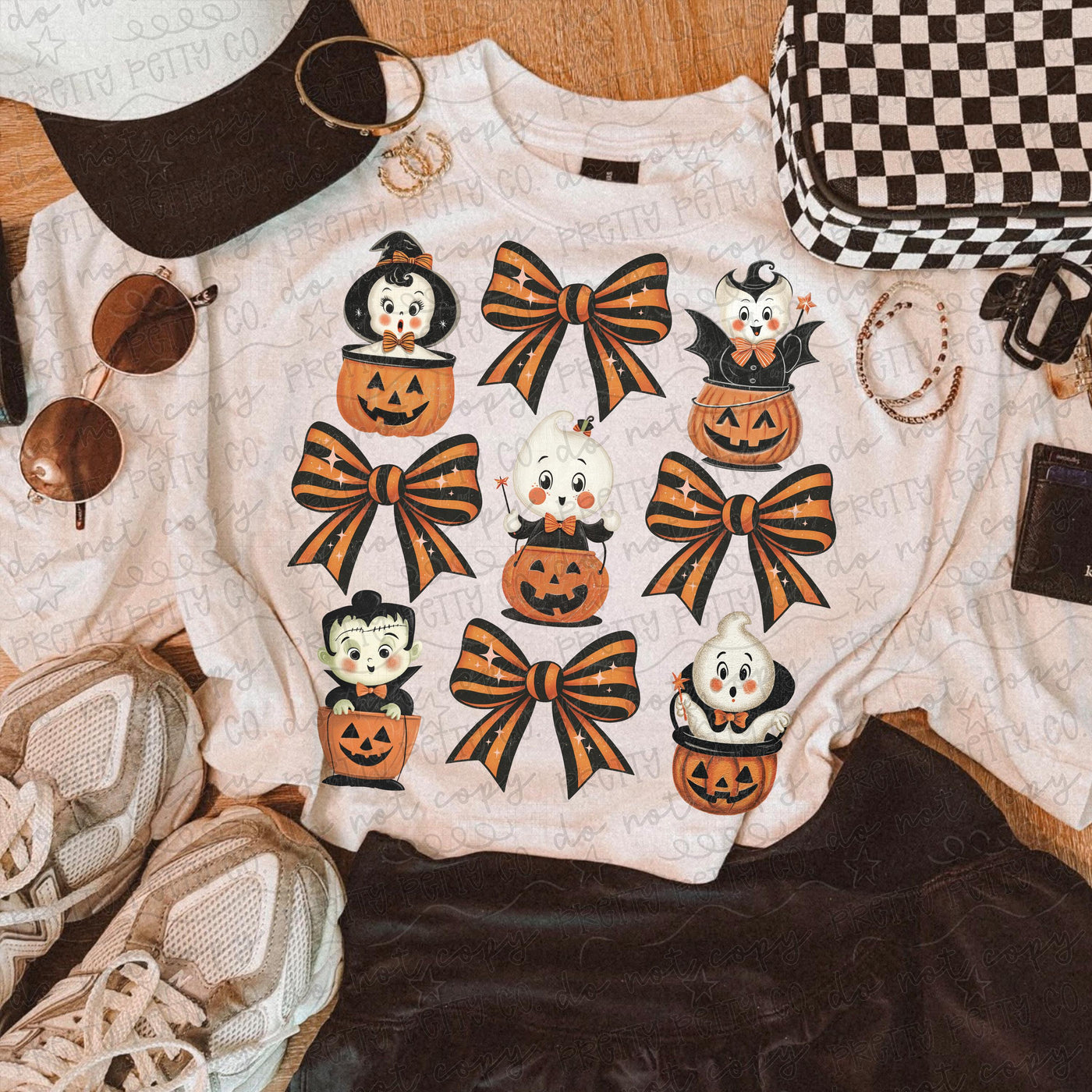 Vintage Halloween Characters & Bows Shirt | Retro Spooky Season Graphic Tee | Cute Halloween T-Shirt