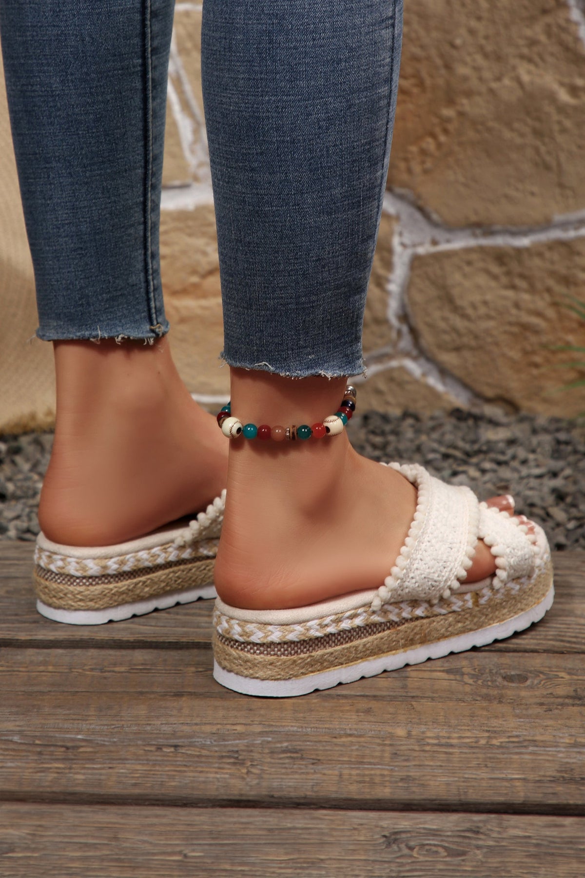 White Pompom Knit Platform Slide Slippers - Pretty Petty Co