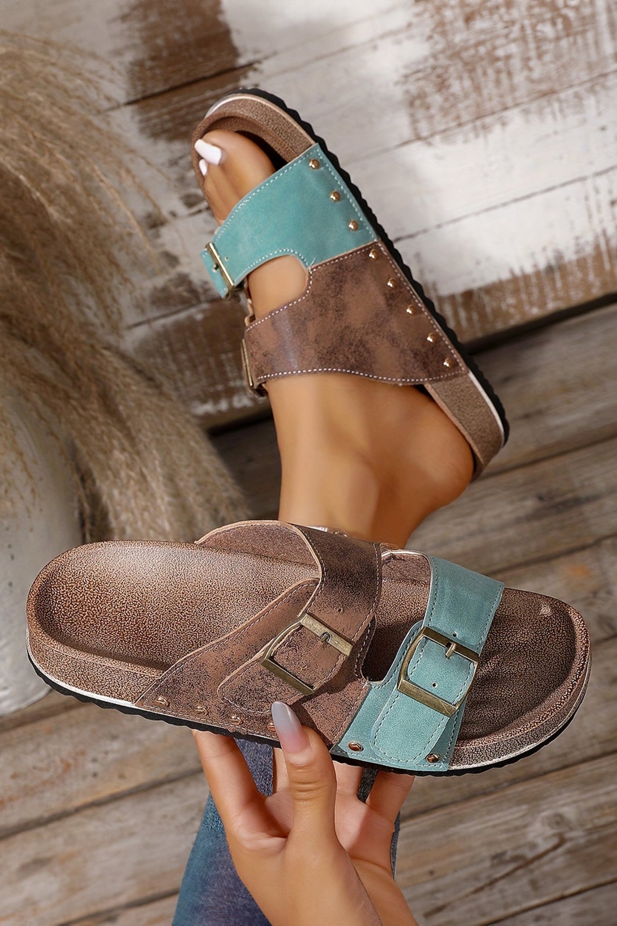 Light Blue Two-tone Retro Buckle Straps Hollowed Faux Suede Slippers - Pretty Petty Co