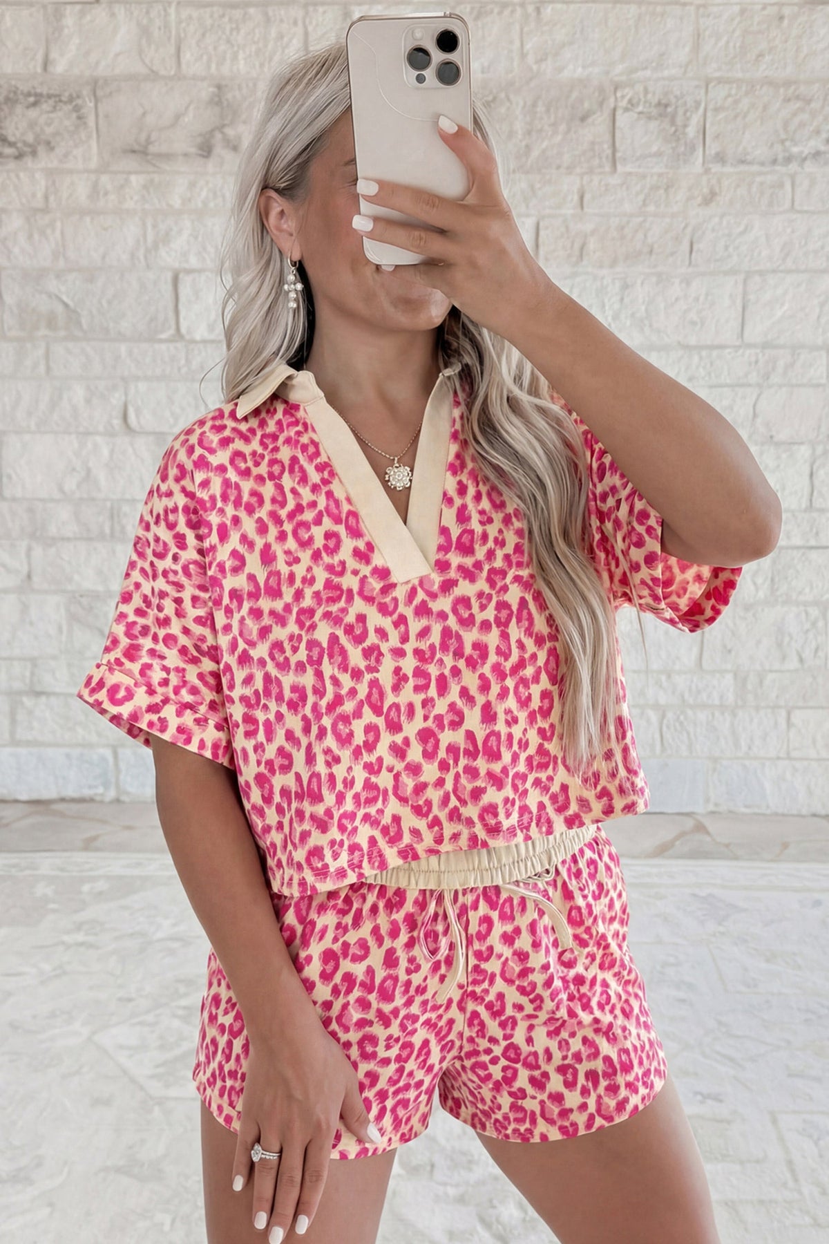 Brown V Neck Collar Leopard Printed 2pcs Short Set - Pretty Petty Co
