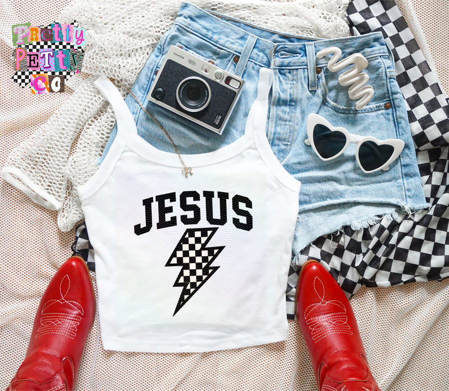Jesus Checkered Print Tank Top | Christian Faith Graphic Shirt | Trendy Inspirational Tank - Pretty Petty Co
