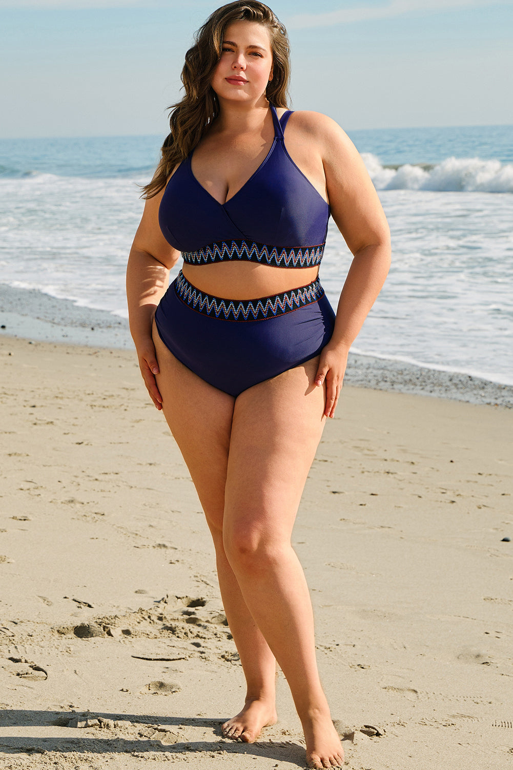 Navy Blue Embroidered Trim Wrap Tie Knot Plus Size High Waisted Bikini - Pretty Petty Co