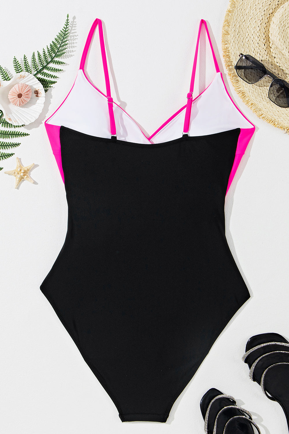 Rose Red Two-tone Colorblock Cutout One Piece Swimsuit - Pretty Petty Co